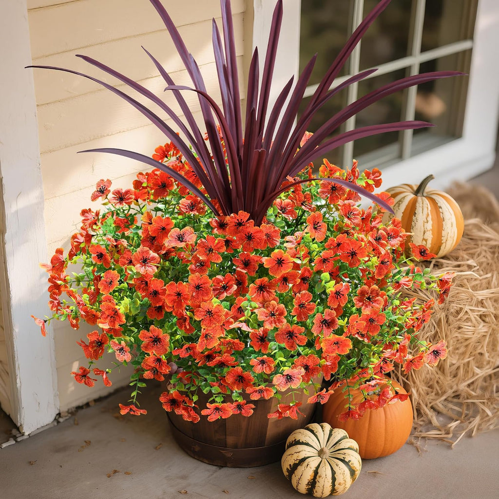 Fall Flowers Artificial Mums for Outdoors Autumn Decor, 12 Bundles Orange Fake Fall Mums with Burgundy Orchid - Set of 13