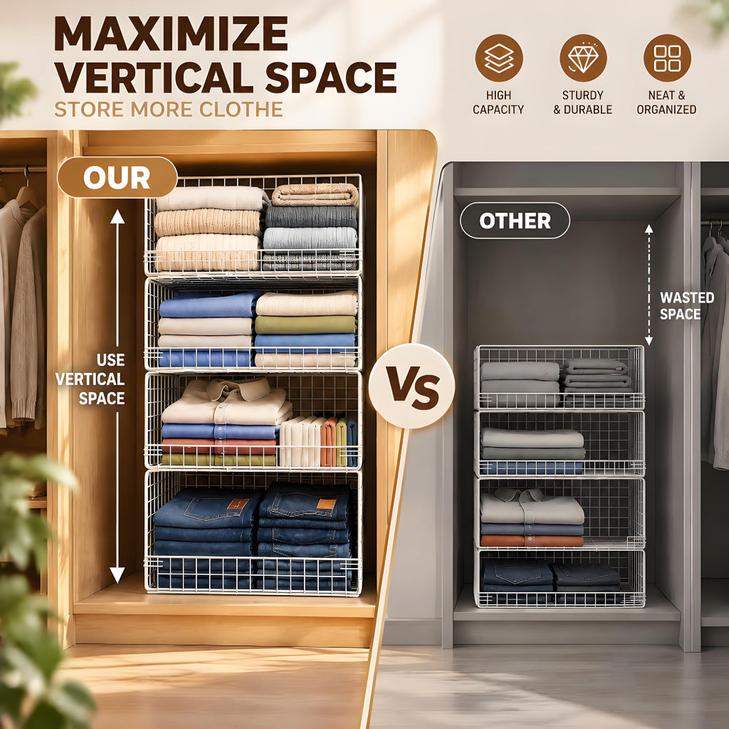 4-Tier Stackable Closet Organizers and Storage, Wire Closet Shelf Organizer