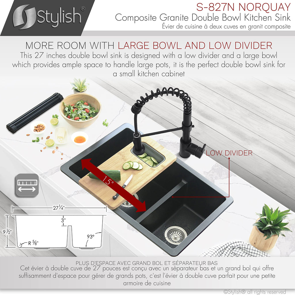 27.25 x 18.75 Inch Drop In or Undermount Kitchen Sink Double Bowl Workstation 9.5 Inches Deep Granite Composite