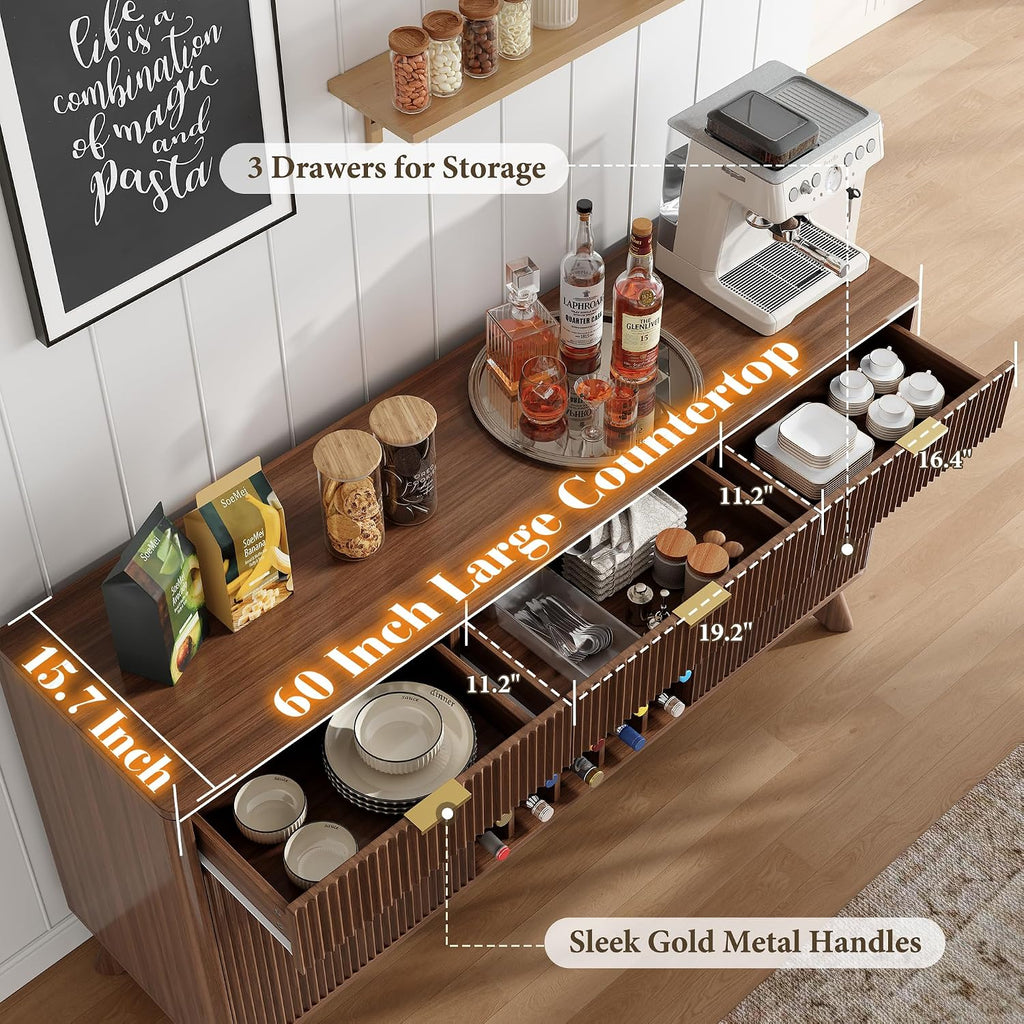 60" Wine Bar Cabinet, Coffee Bar Cabinet with Fridge, Sideboard Cabinet | Waveform Fluted Door, Adjustable Shelves, 3