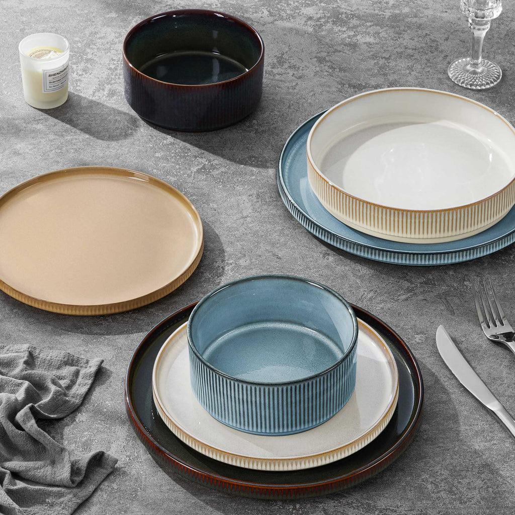 Dinnerware Stoneware Sets with Pasta Bowls, 16 Piece Plates and Bowls Set for 4, Ribbed Dishes Set , Microwave and