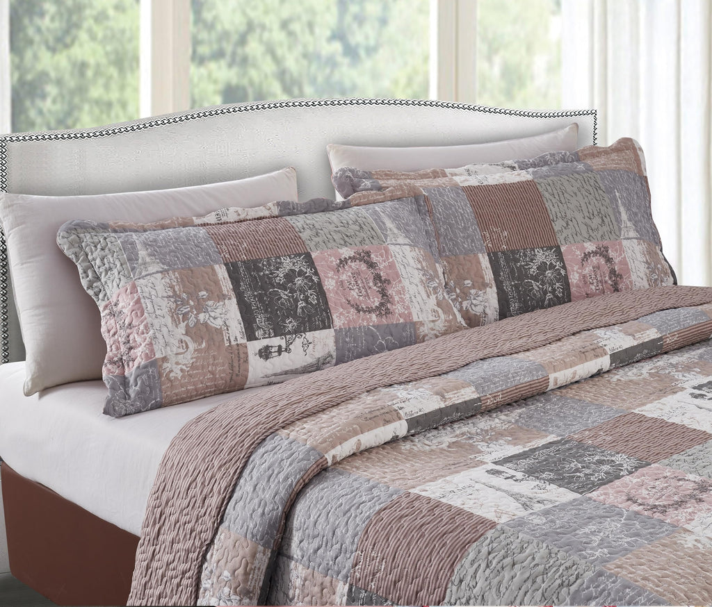 Latte Grey Paris & Toile Floral Patchwork Quilt Set