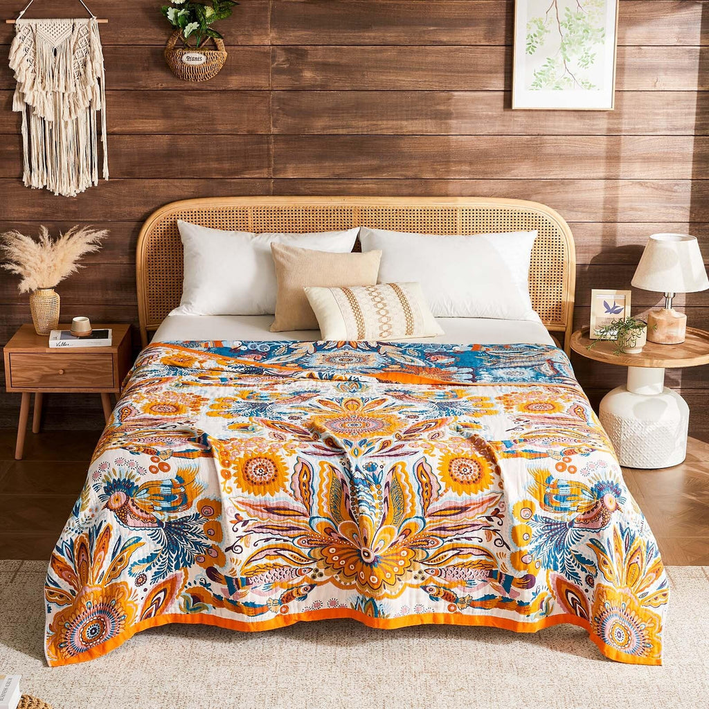 Boho Blanket Soft Muslin Boho Throw Blanket 100% Cotton Blanket All Seasons Reversible Rustic Floral Printed Vintage