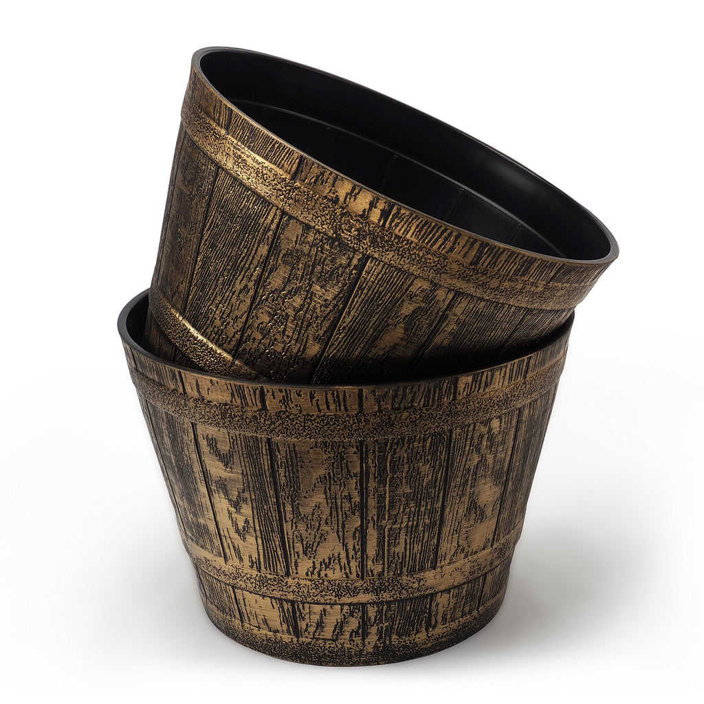 Set of 2 Plastic Whiskey Barrels Rustic Look (2 planters + 2 Matching Saucers) French Country Style Flowerpot Indoor