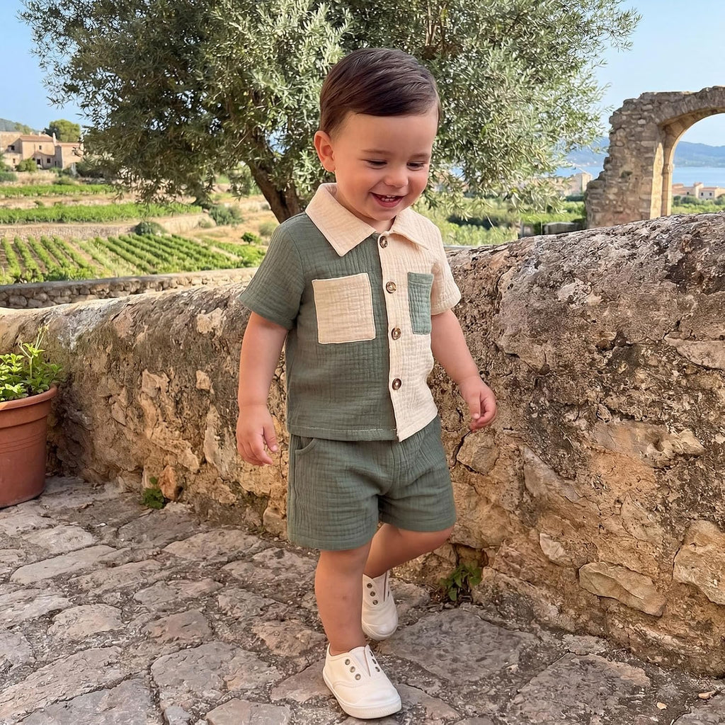 Baby Boys Summer Outfit Color Blocking Button Down Shirts + Shorts Cotton Gauze 2PCS Toddler Clothes Set with Pockets