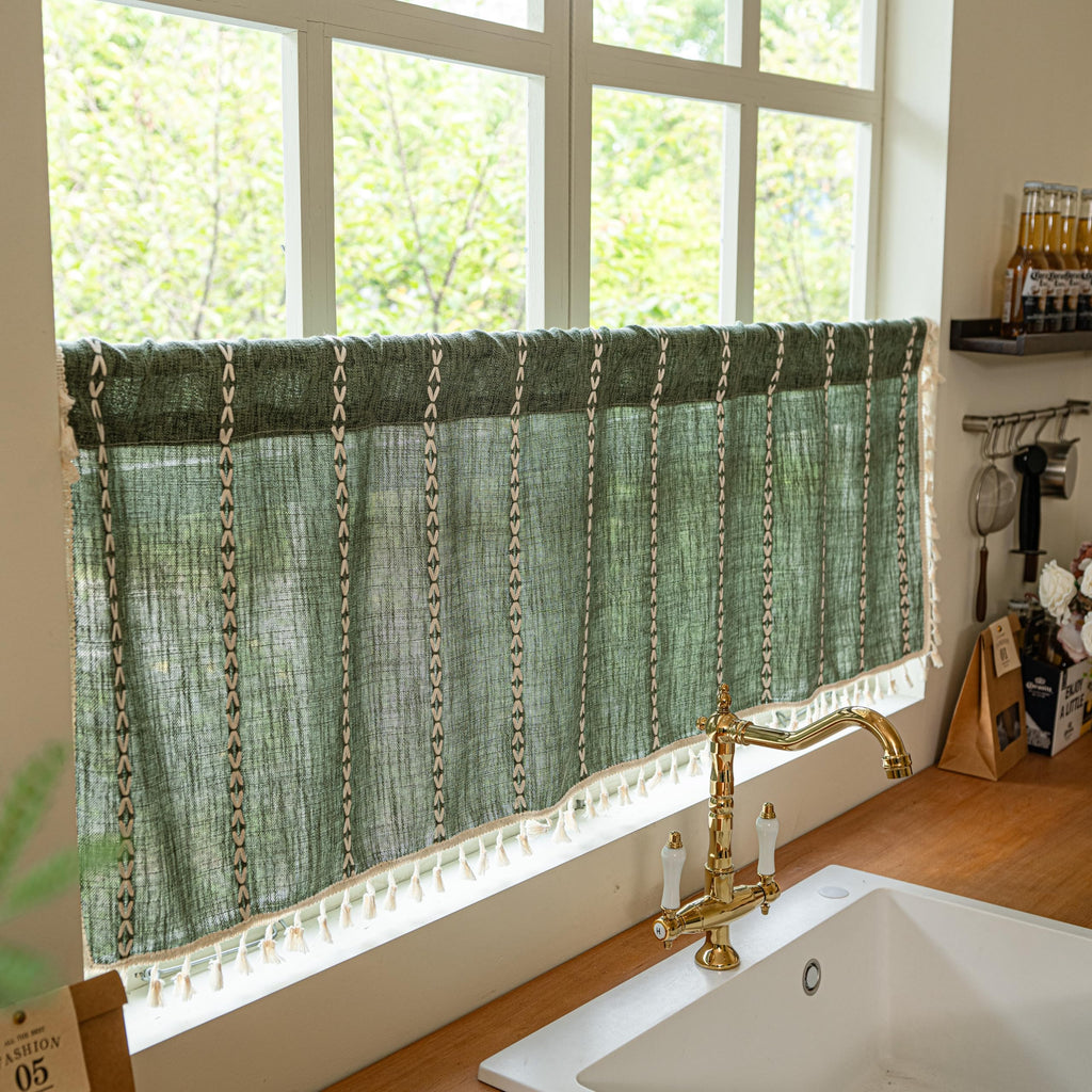 Boho Valance Short Curtains Tier for Windows Cafe Closet, Bohemian Linen Farmhouse Tassels Light Filtering Window