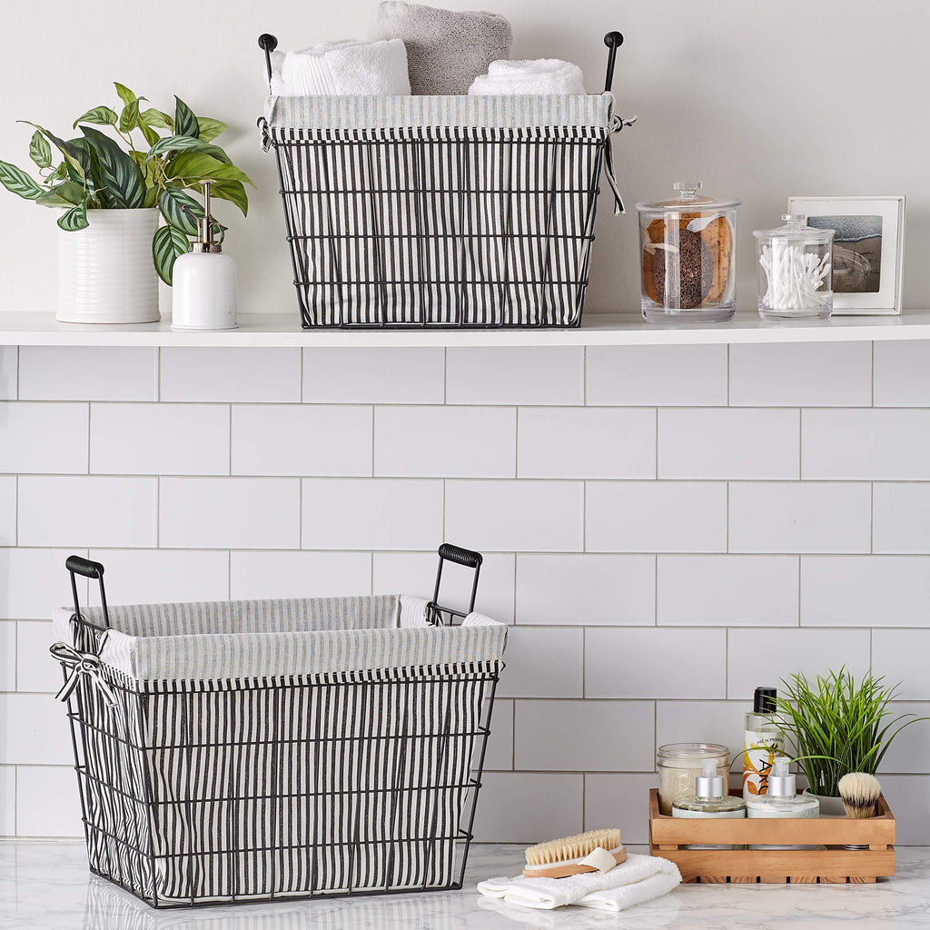 Metal Farmhouse Lined Basket, Contemporary Storage Container, Ticking Stripe, Assorted