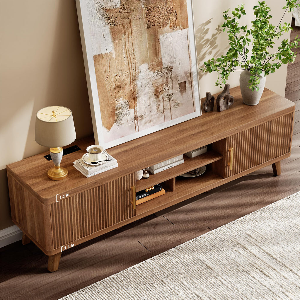 70" Mid Century Modern TV Stand, Fluted Entertainment Center TV Stand with Power Outlet, Reinforced 1.1'' Tabletop