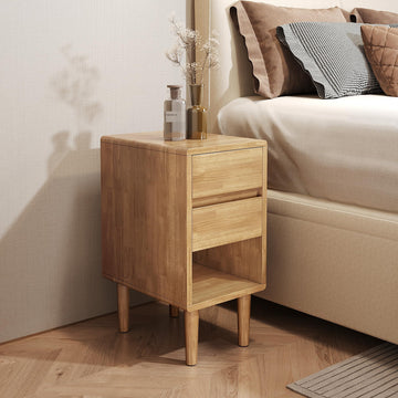 Nightstand 2 Drawers with Open Shelf Narrow Night Stand Solid Wood Bedside Table Mid Century Modern Nightstand Wooden