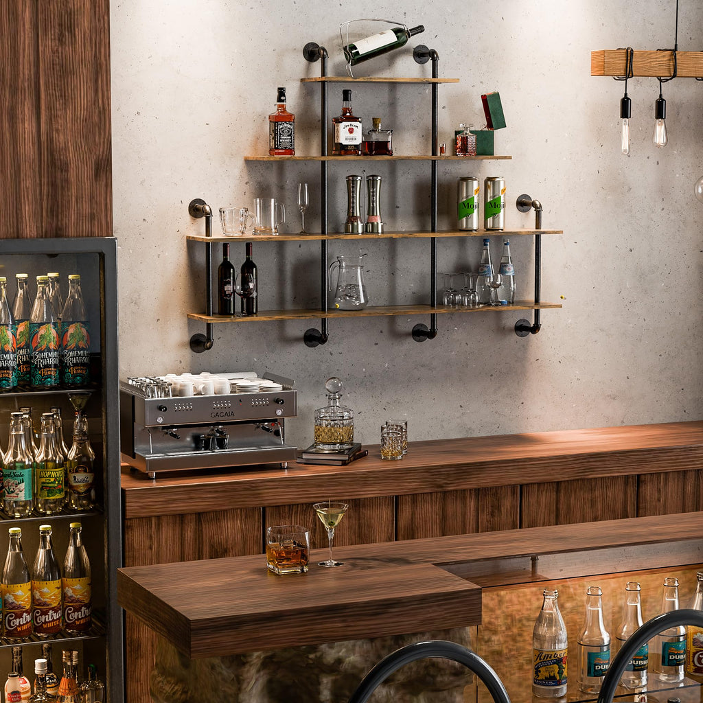 Industrial Pipe Shelving, 4 Tier Rustic Wooden Floating Shelves, Wall Display Bookshelf, Storage Rack Sundries Holder