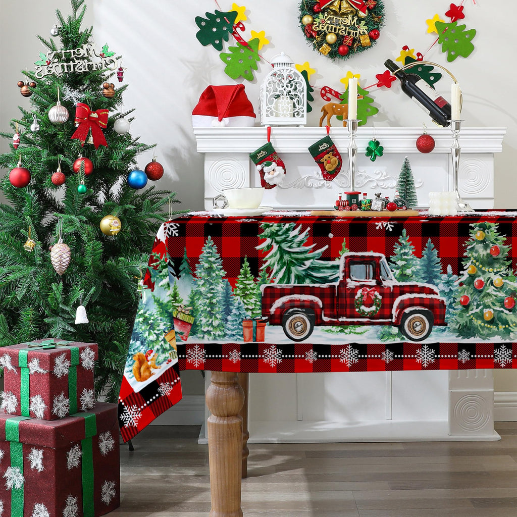 Christmas Tablecloth 52x70 Inches, Holiday Red Table Cloth for Rectangle Tables - Red Truck Christmas Decorations