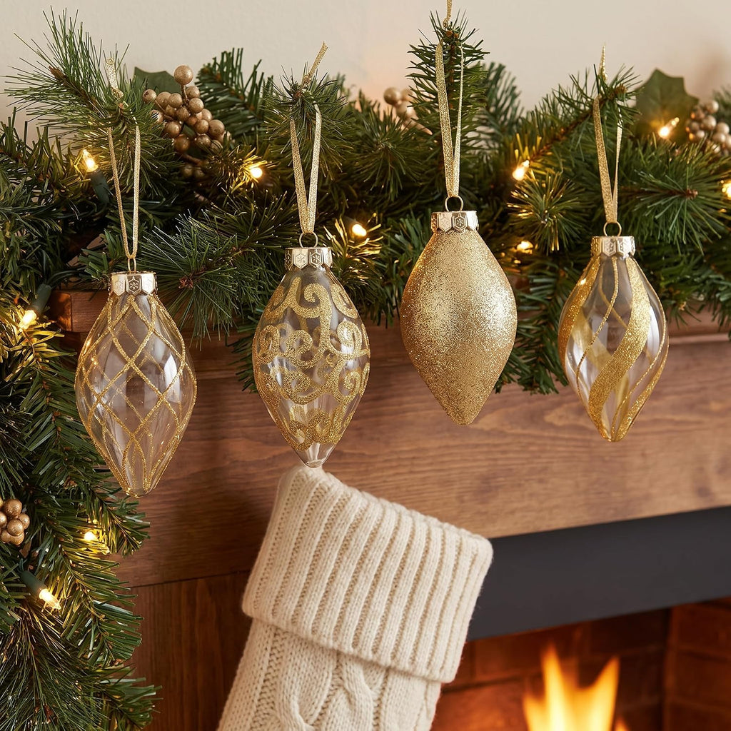 Gold Christmas Ornaments Set for Tree Decorations, Teardrop Finial