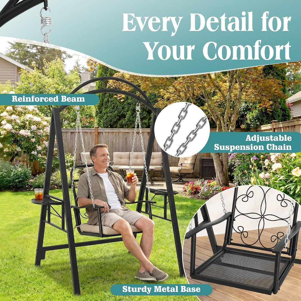 Metal Porch Swing with Stand, 350 LBS Outdoor Patio Porch Swing | Single Outdoor Patio Swing Chair with Heavy-Duty
