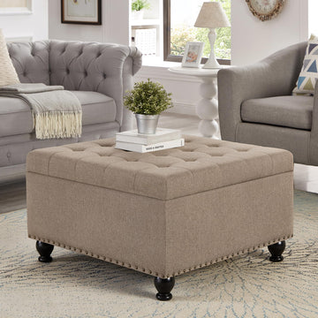 Large Square Ottoman with Storage - 30 Inch Coffee Table, Oversized Storage Ottoman with Wooden Legs & Nail Trims