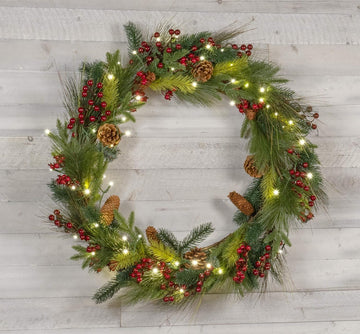 30" Light-Up Christmas Wreath with Pinecones & Evergreens, Battery-Operated LED Lights with Timer