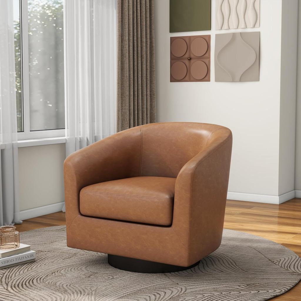 Faux Leather 360° Swivel Barrel Accent Chair Brown - Set of 2