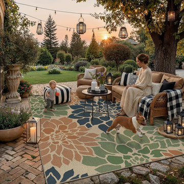 Navy Orange Easy Jute Outdoor Rug Floral Farmhouse Carpet