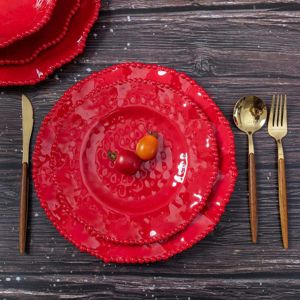 Christmas Red 18 Piece Beaded Melamine Dinnerware Sets, Service for 6, Lightweight Unbreakable, BPA Free With