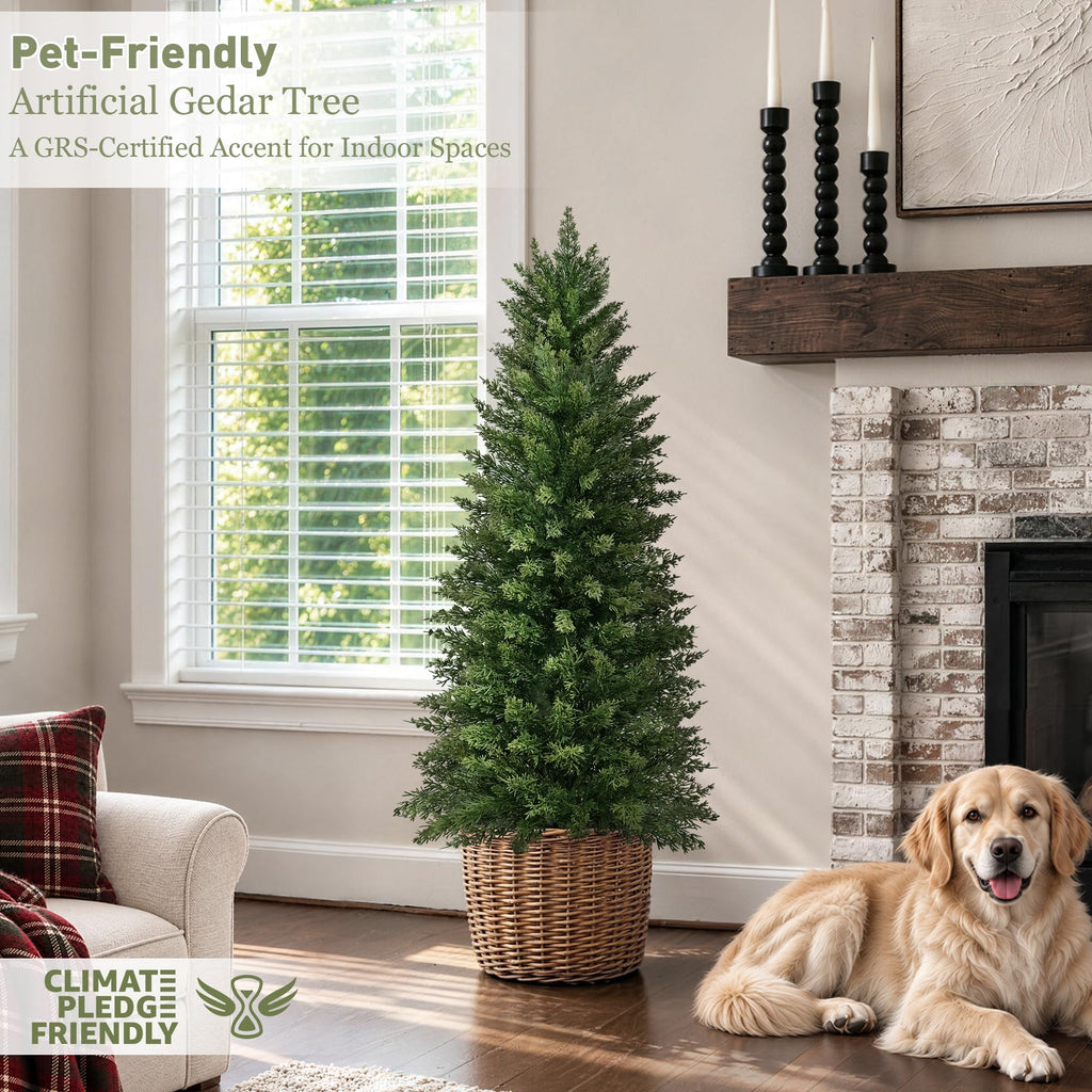 4ft Artificial Cedar Topiary Tree, Set of 1 Realistic Faux Evergreen Shrub Plant in Planter, Indoor Outdoor Fake