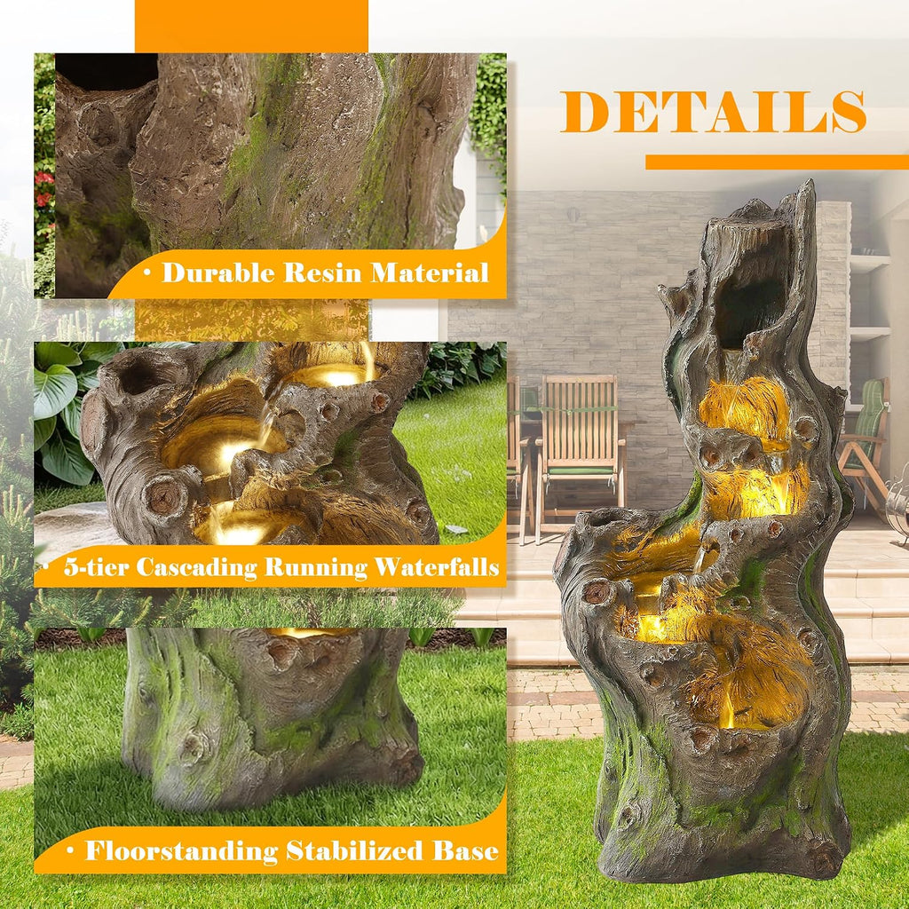 Outdoor Water Fountain, 40" H Tree Trunk Fountain with 5 Waterfalls, 6 Tiers Cascading Garden Water Feature with LED