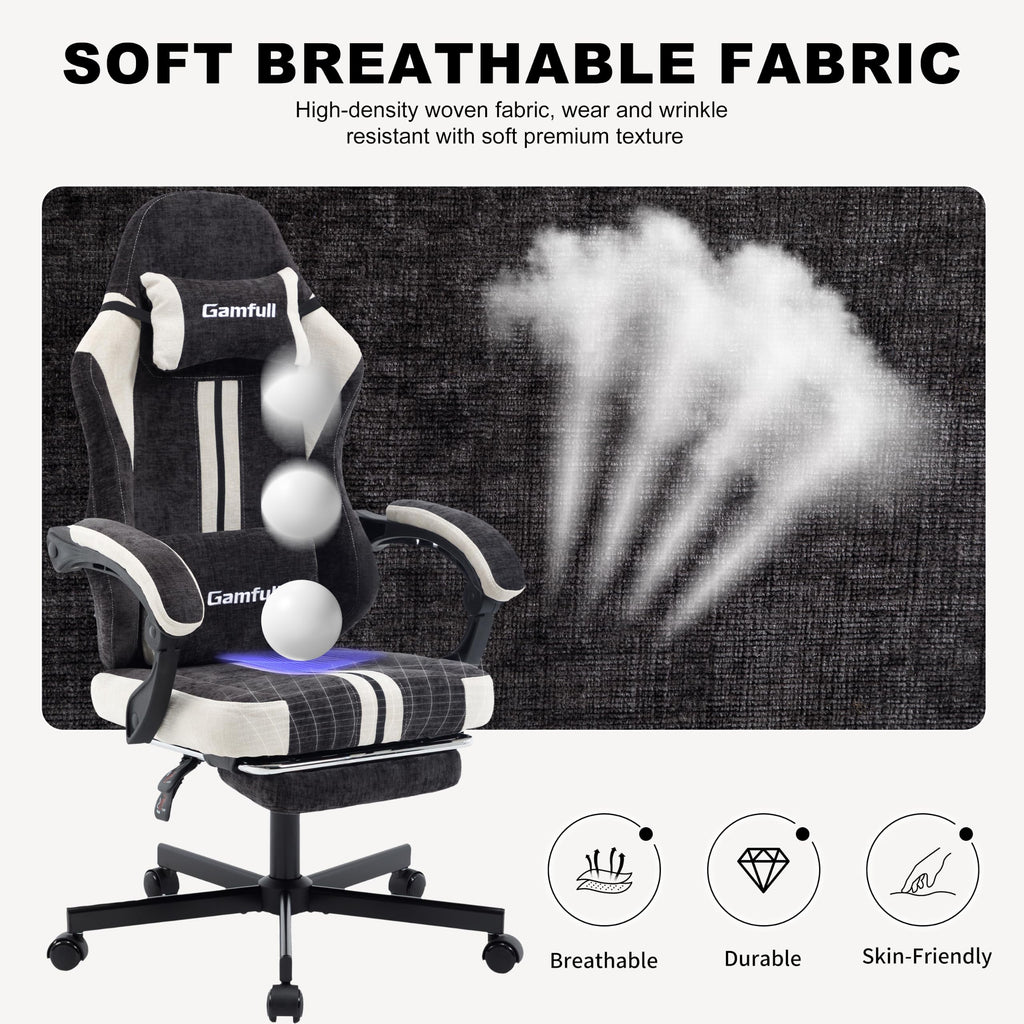 Fabric Gaming Chair for Adults, Video Game Chairs with Footrest, Black&White