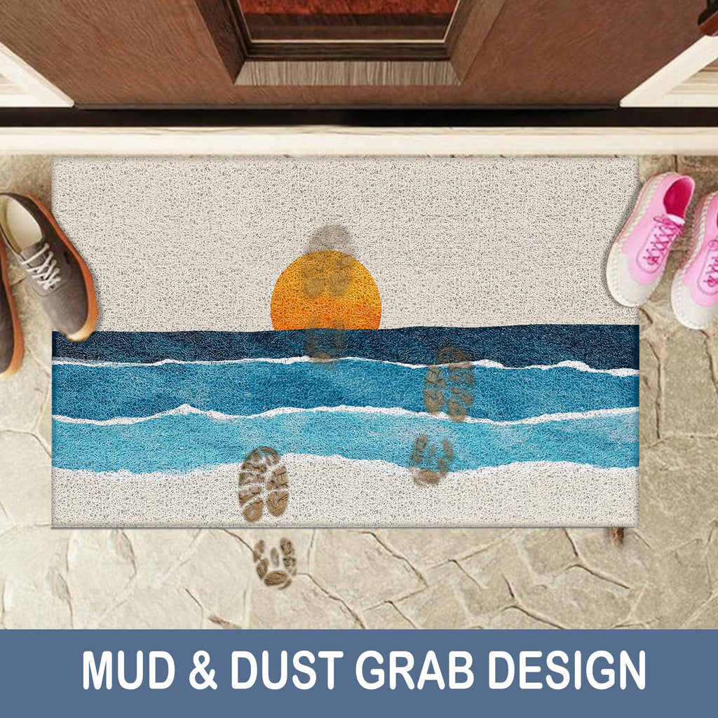 Boho Door Mat, Abstract Boho Sunrise Sunset Blue Ocean Beach Doormat Non-Slip for Front Door Porch Indoor Outside