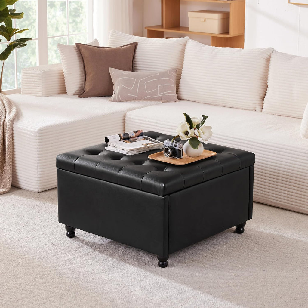 30" Large Square Ottoman with Storage, Leather Ottoman Coffee Table, Black | Tufted Upholstered Ottoman , Oversized