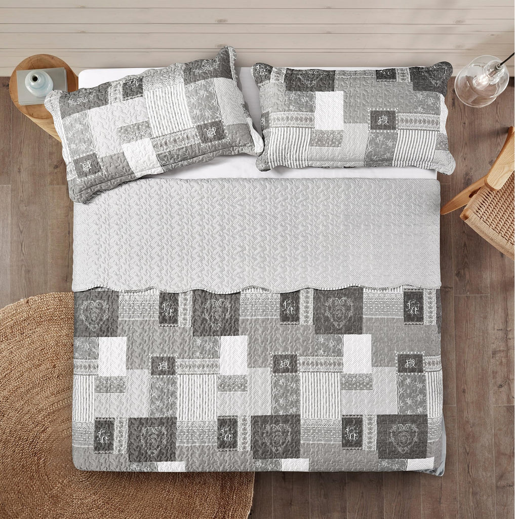 Grey Heart Love & Lace Floral Patchwork Quilt Set