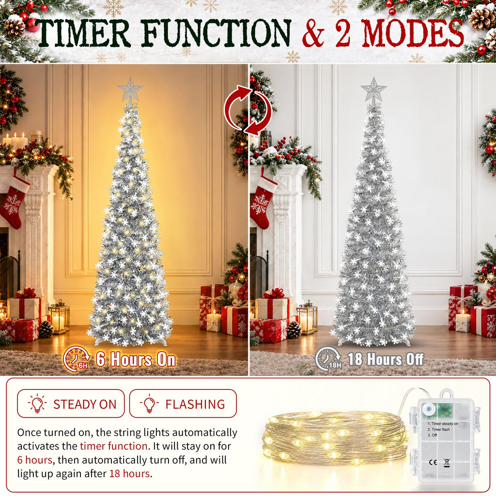 5FT Pop-up, Christmas Decor Silver White Snowflake with Timer String Lights, Collapsible Artificial Pencil Tree Xmas