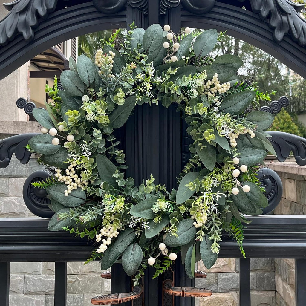24 Inch Greenery Wreaths for Front Door - Artificial Eucalyptus Wreath with White Berries and Mixed Green Leaves