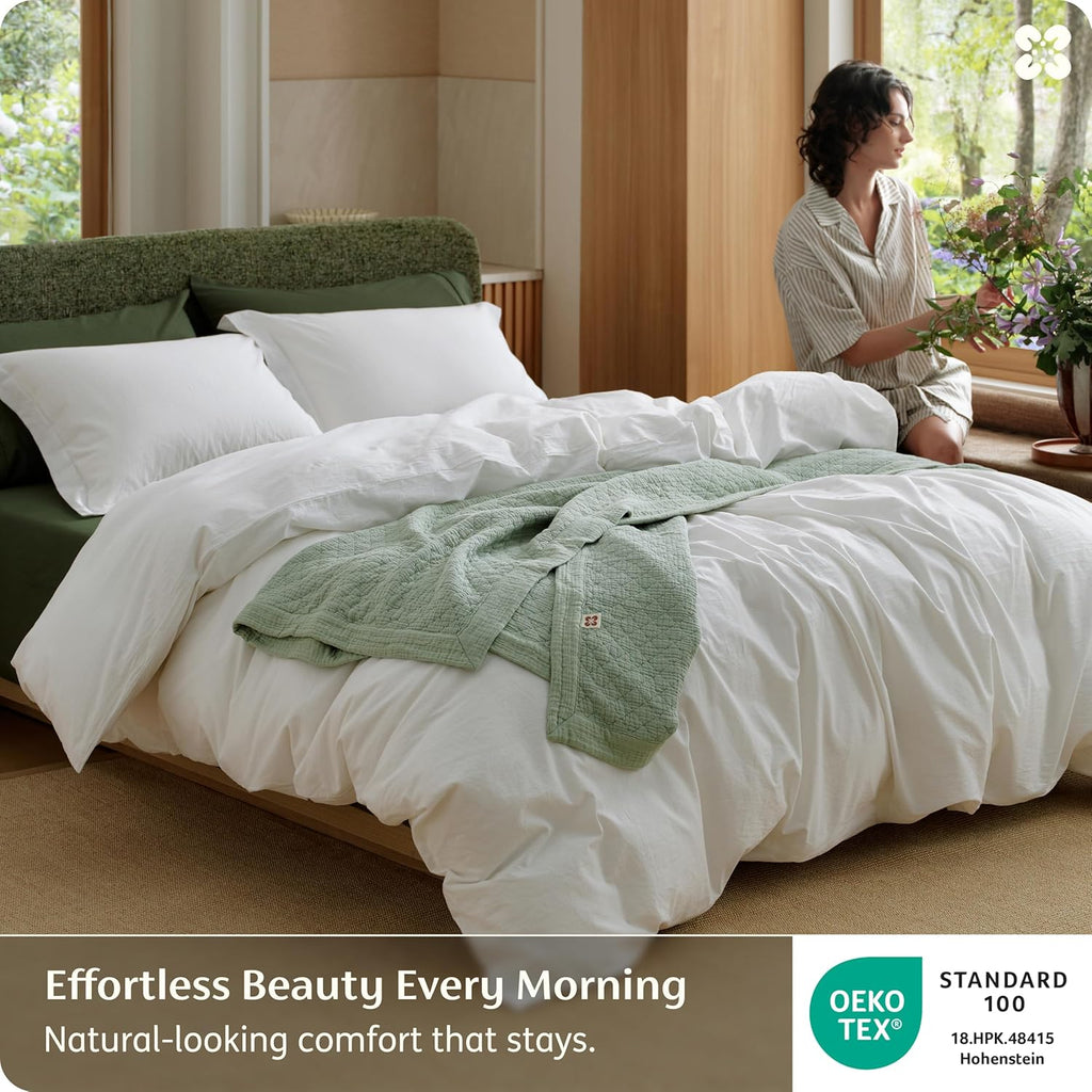 100% Washed Cotton Duvet Cover King - Natural White Minimalist Bedding Set Linen Like - PureWoven Plain Simple & Soft