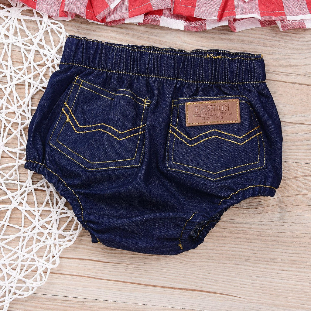 Baby Girls Plaid Ruffle Bowknot Tank Top+Denim Shorts Outfit with Headband