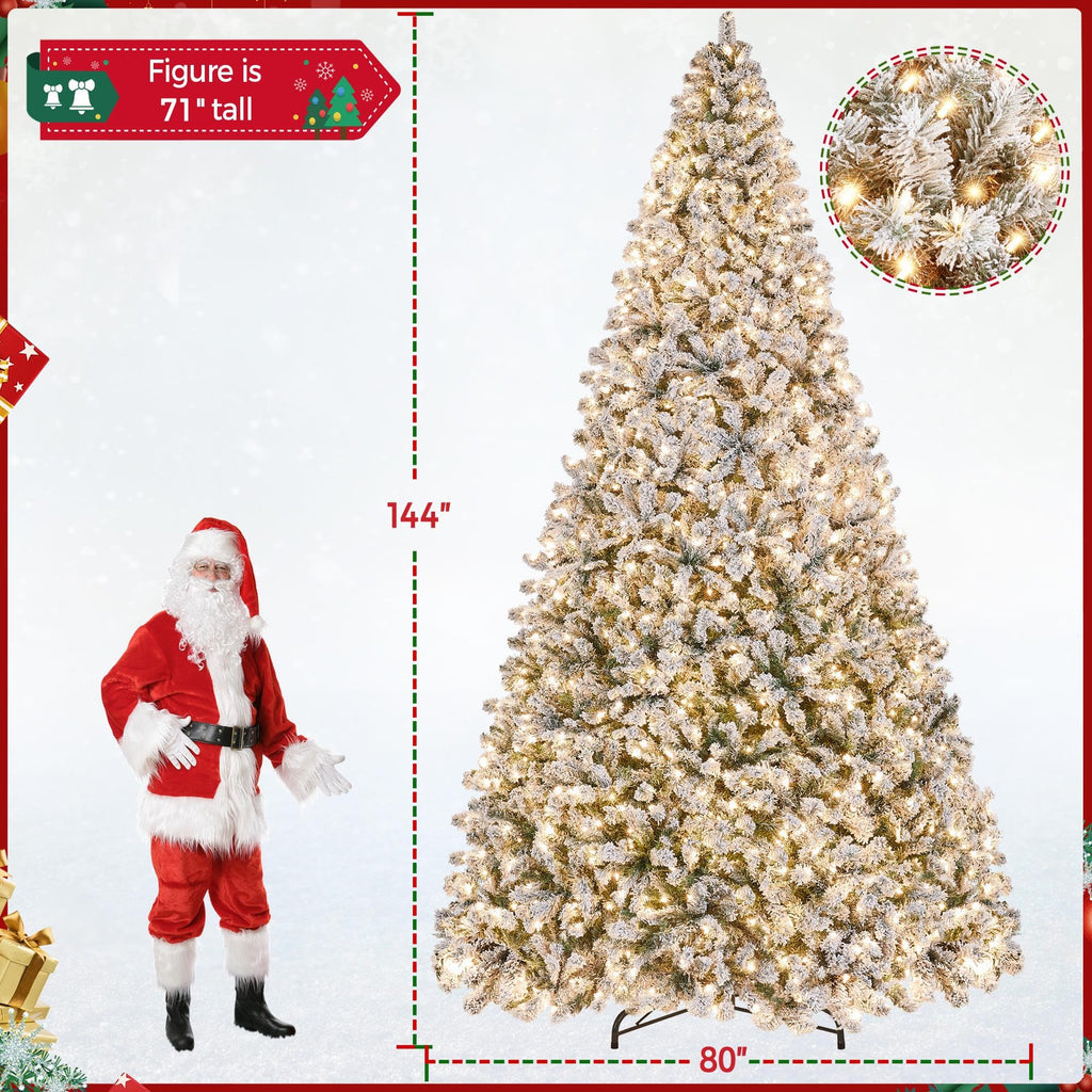 Pre-Lit Christmas Tree 12ft, Flocked Xmas Tree with Lights
