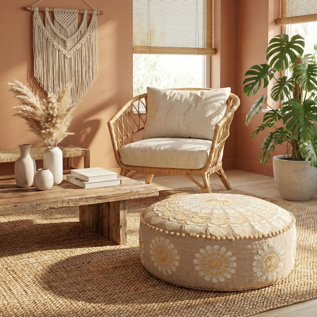 Bohemian Pouf Ottoman Cover 24x8- Luxury, Artisan Room Décor Pouffe for Meditation, Yoga, and Boho Chic