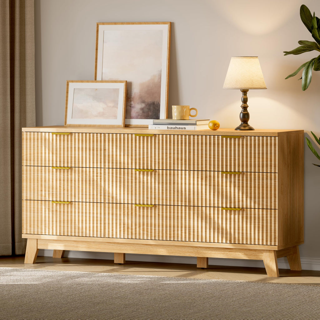 Fluted Dresser with 9 Drawers, 63" Wide Modern Chest of Drawers with Metal Handle, Wooden Dresser TV Stand, Wood