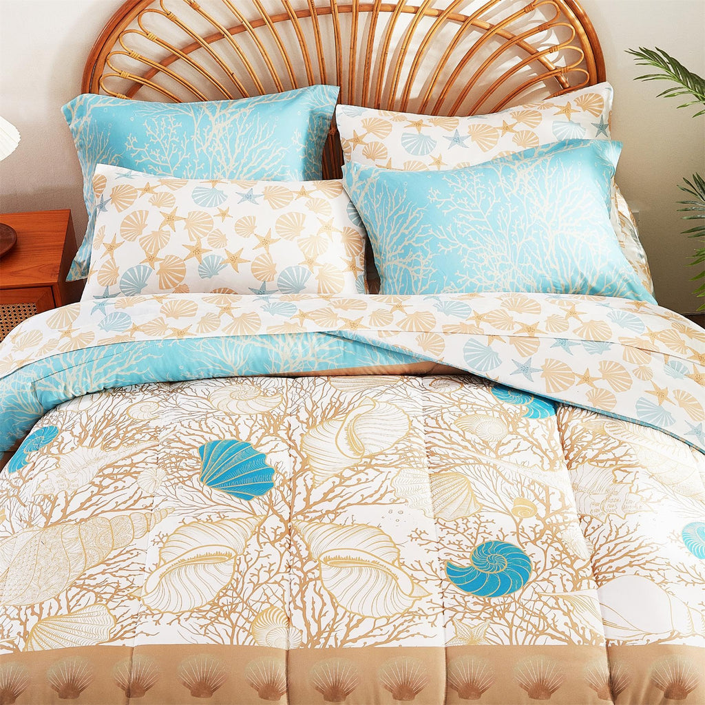 Blue Coastal Comforter Set 7 Pieces, Starfish Printed Bedding Bed in A Bag, Soft Microfiber Comforter with