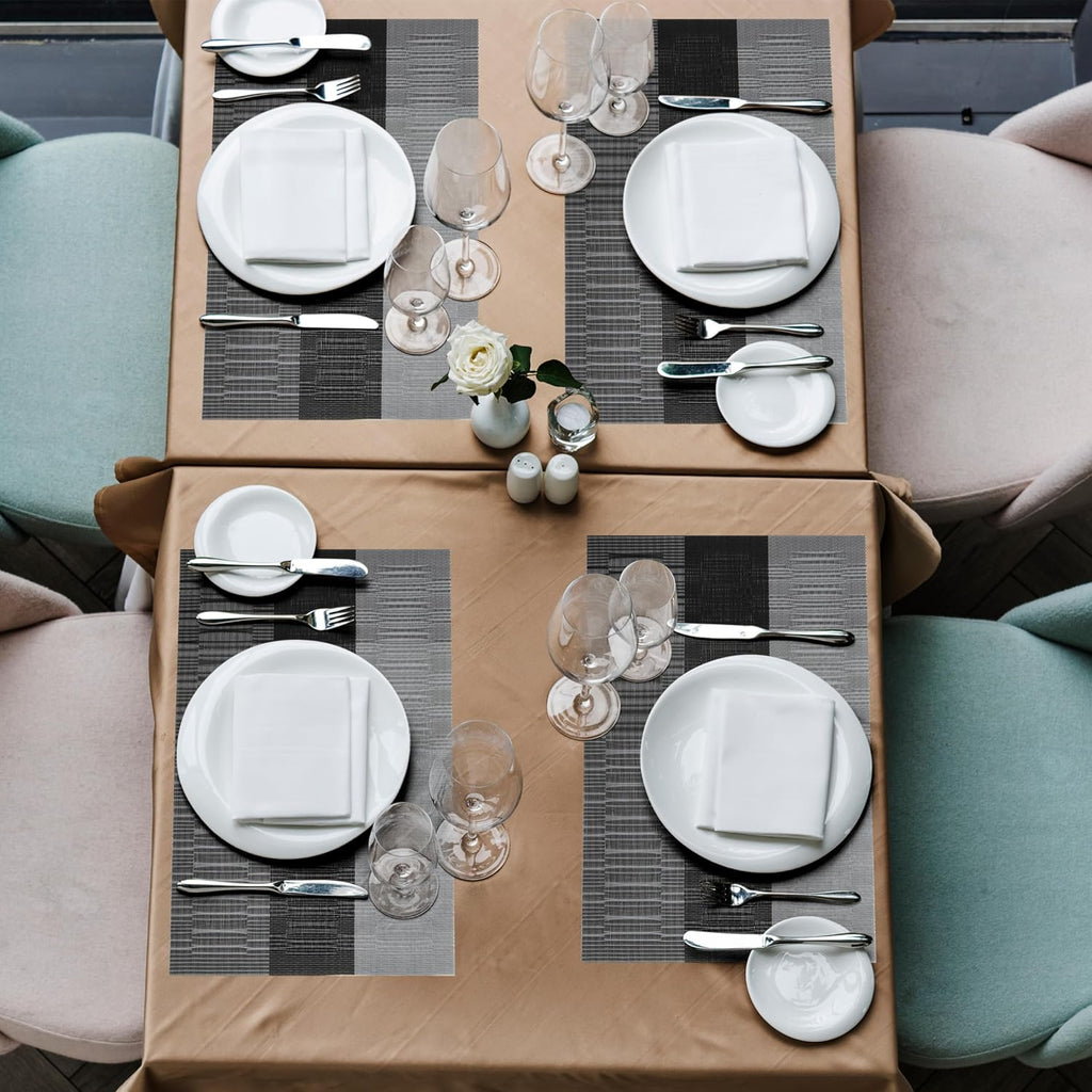 Black Placemats Washable Place Mats Vinyl Woven Table Mats Wipeable Placemat Dining Table Decoration Indoor - Set of 6