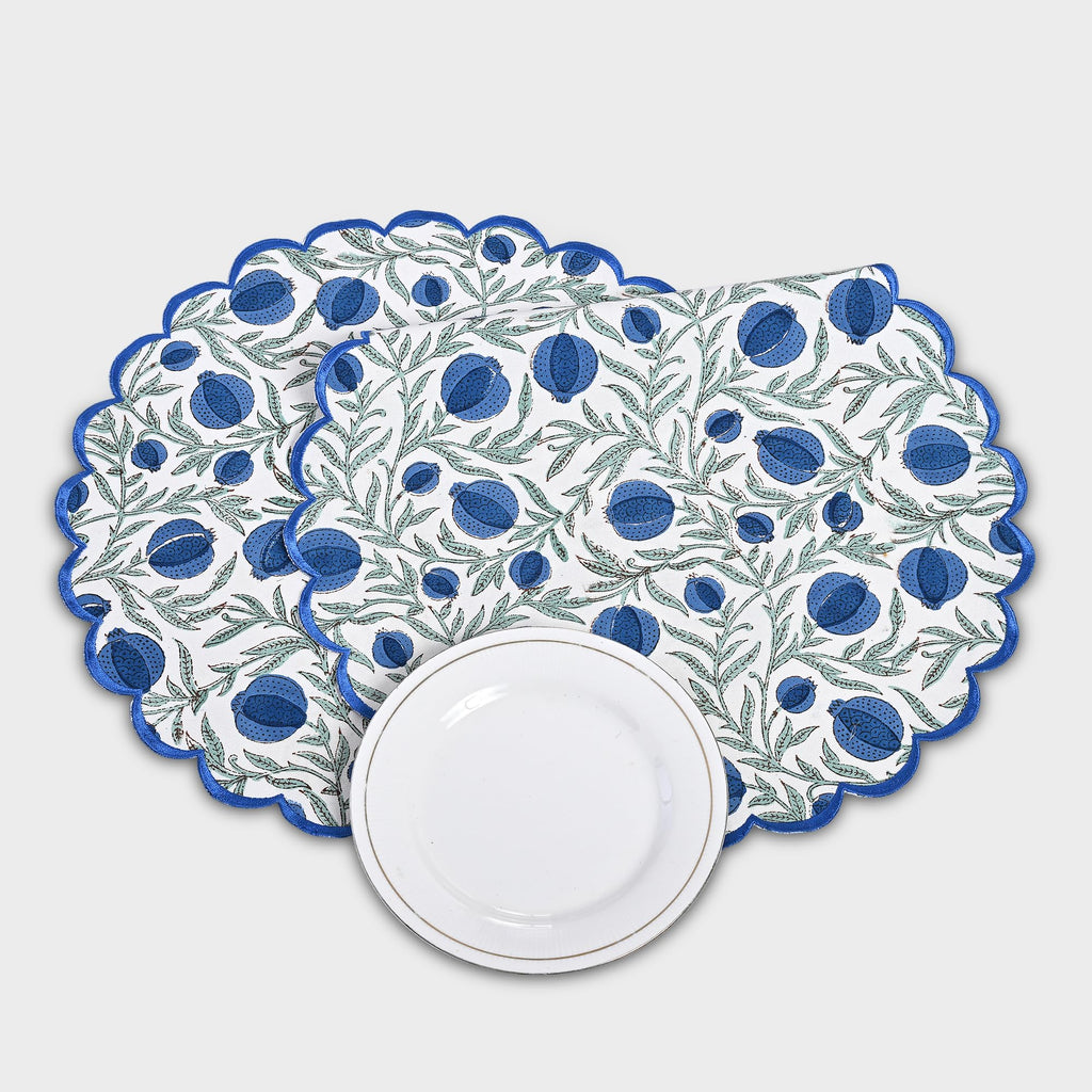 Floral Block Print Round Placemats 15 Inch, Set of 4, Queen Blue