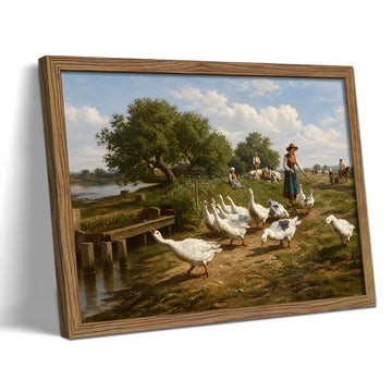 Vintage Geese Farmhouse Wall Art, Rustic Country Landscape Canvas Print Poster, Pastoral Goose Painting Picture