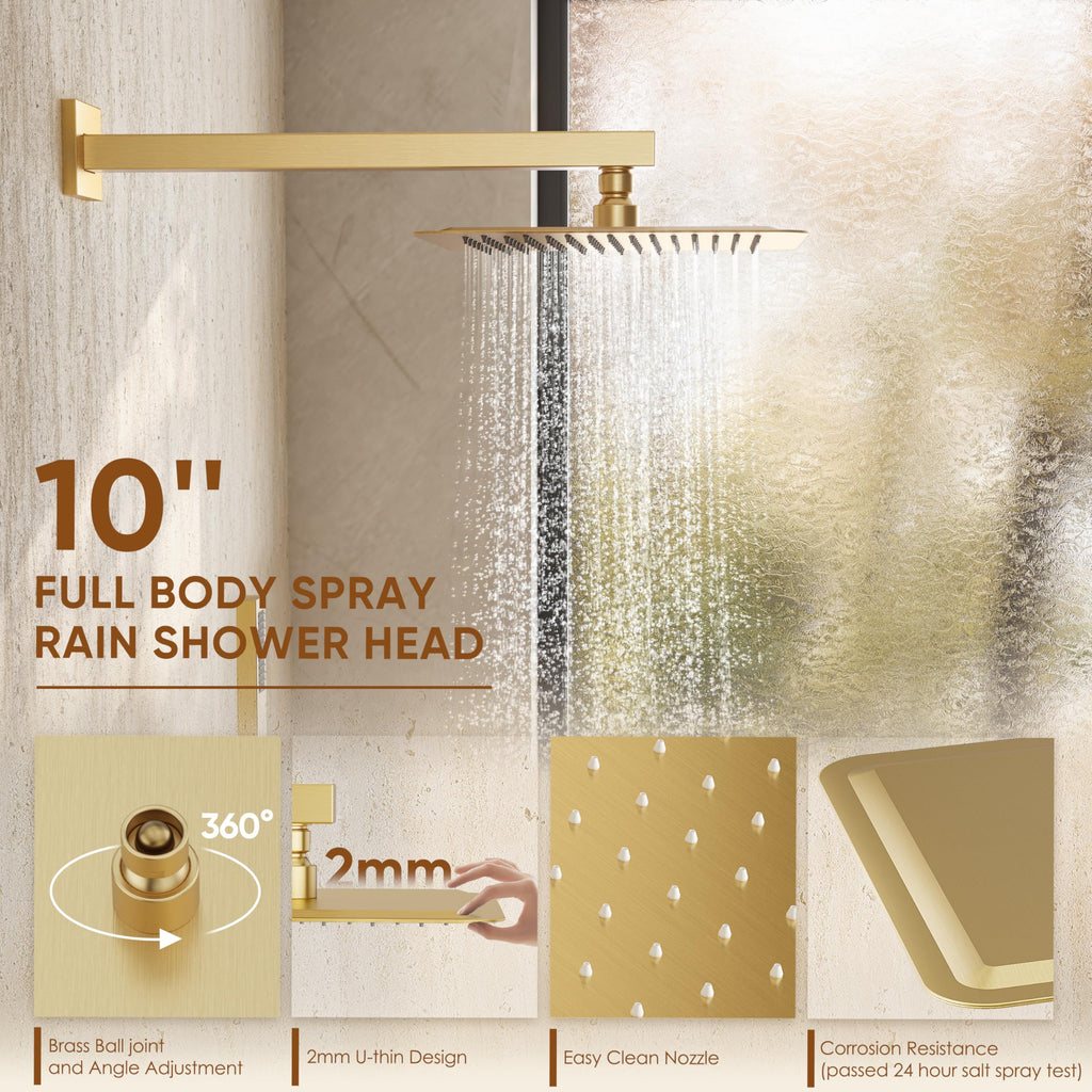 Brushed Gold Shower System with Tub Spout and 10" Rain Shower Head