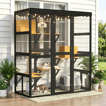 Large Catio Outdoor Cat Enclosure, Freestanding Walk-in Cat Play House W/Window Connection for Multiple Indoor
