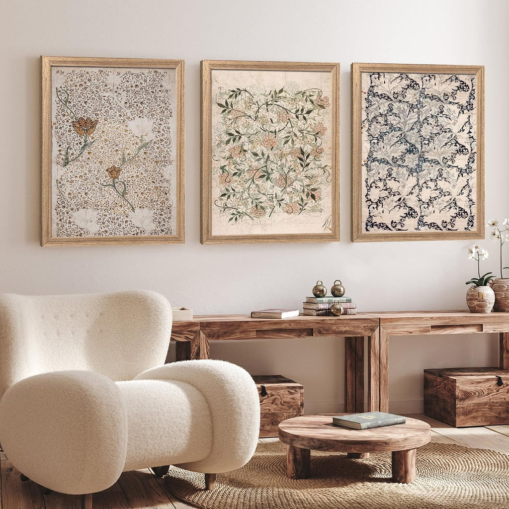 Vintage Floral Canvas Wall Art Set of 3, Retro Botanical Flower Prints with Wood Frame, William Morris Decor Bedroom