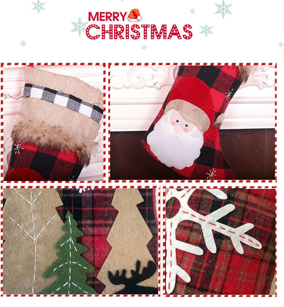 BRvieluck Christmas Stockings Set of 6 Buffalo Red Plaid with Soft Faux Fur for Family Fireplace Hanging Large 20