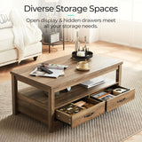 Farmhouse Coffee Table with Storage, Wood Coffee Table, Open Display Area and Storage Drawers with Metal Handles