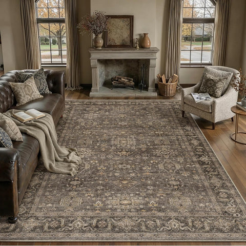 9x12 Washable Area Rug for Living Room Bedroom Vintage Brown Non Slip Carpet Traditional Retro Soft 
