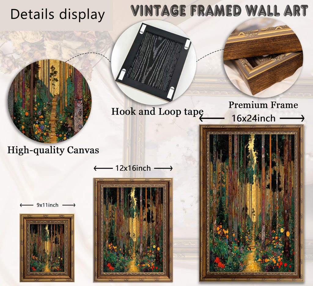 Vintage Gold Framed Forest Wall Art, Tree Path Art Nouveau Canvas Print, Abstract Nature Landscape Picture Wall