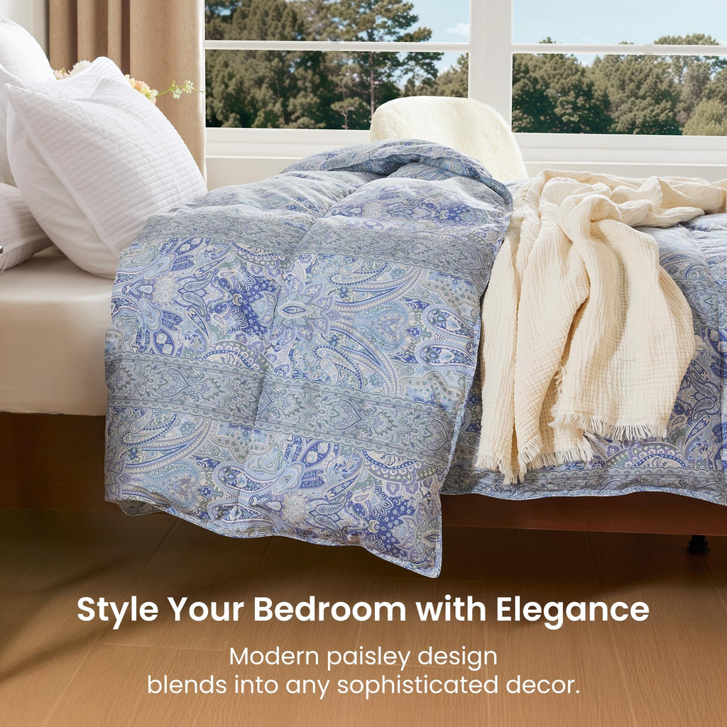 California King Size Feather Down Comforter, Ultra Soft All-Season Feather Duvet Insert, Blue Paisley, California King