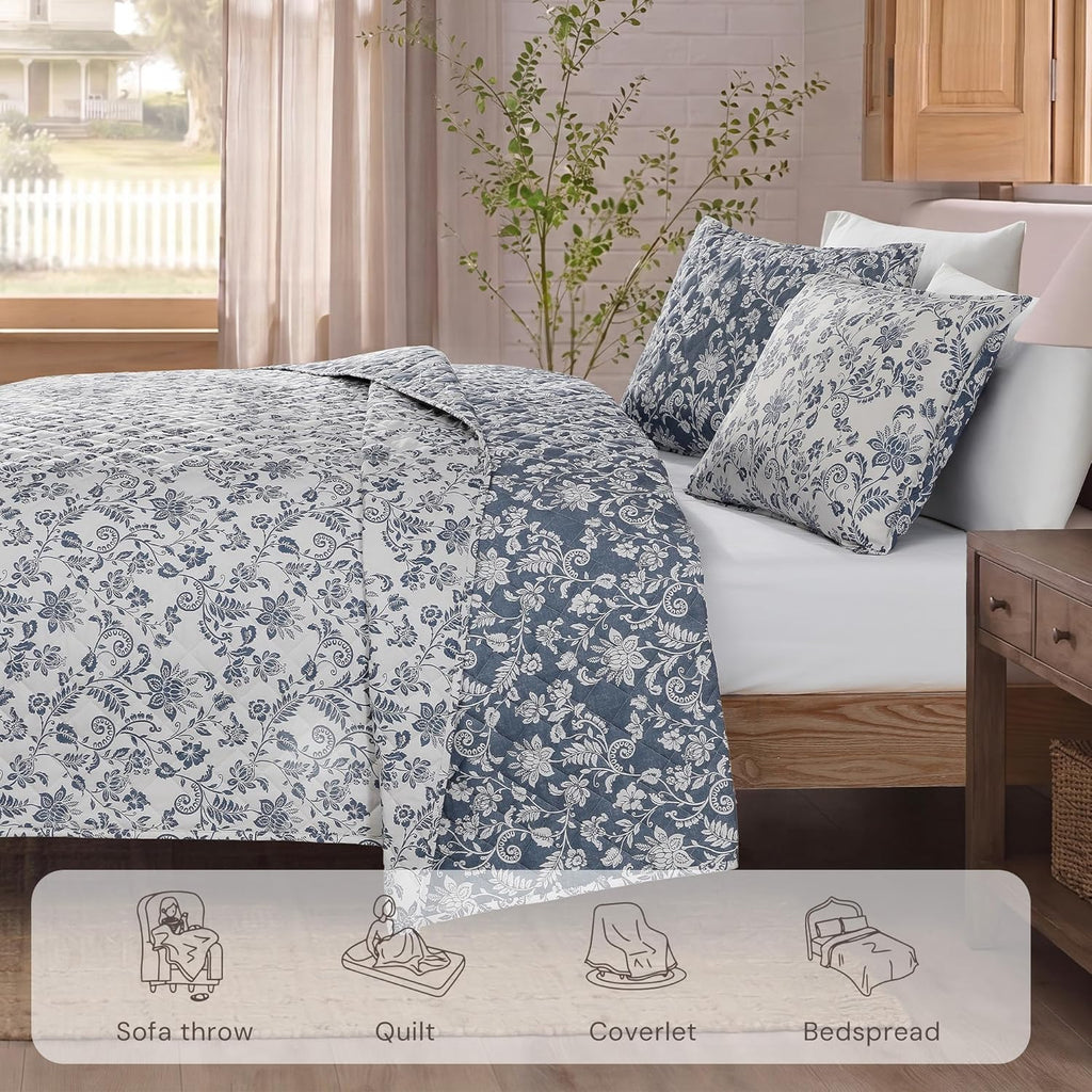 Quilt Set Queen, Oxford Blue Floral Quilt Sets, Reversible Bedspread Lightweight and Breathable for All Seasons, Soft