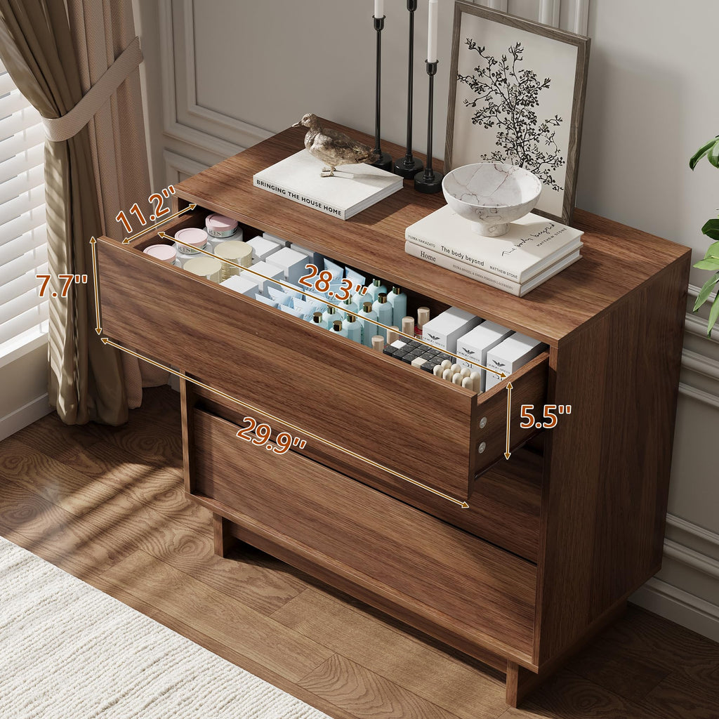 3 Drawer Walnut Dresser, 31.5" Wide Mid Century Modern Dresser