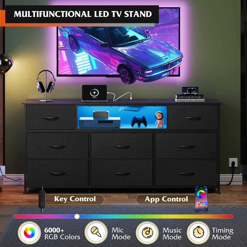 LED Dresser TV Stand for 65 Inch TV, 8 Fabric Drawers, Black Dresser